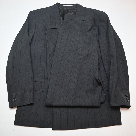 Vtg Hugo Boss 40L 34x34 Gray Striped 100% Wool Double Breasted Mens Suit